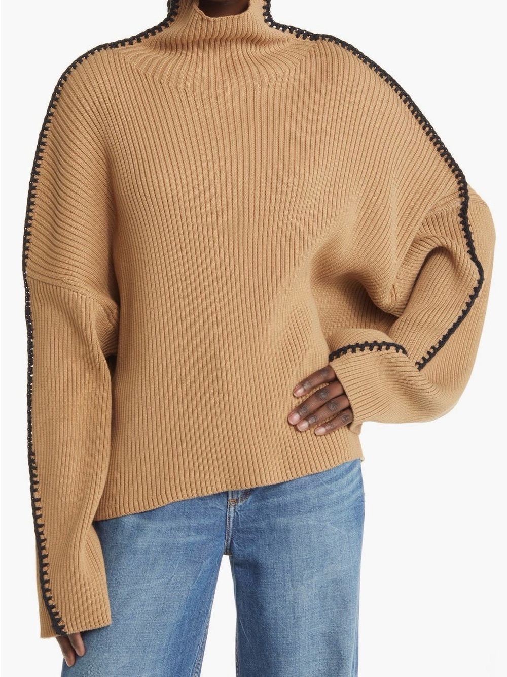 rag & bone Ally Whip Stitch Detail Chunky Mock Neck Ribbed Camel Sweater.